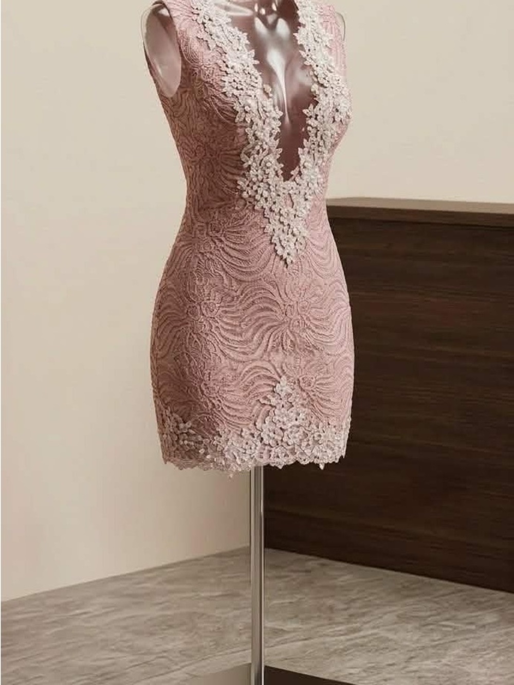 Sleeveless Lace Embellished Pink Mini Dress with Deep V